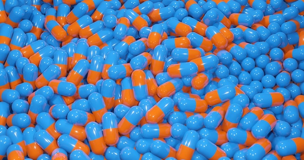 Rendering 3d del concetto medico di capsule di pillole blu e arancioni.