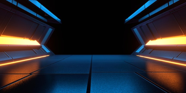 Rendering 3d del corridoio dell'astronave sfondo blu arancione del corridoio con luce al neon Concetto cyberpunk