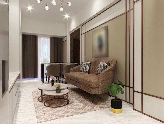 Rendering 3D del design d'interni del soggiorno meraviglioso e incantevole