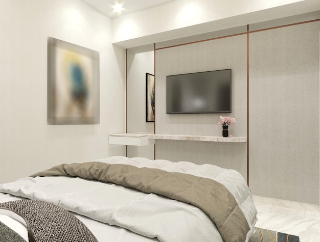 Rendering 3D del design degli interni della camera da letto semplice e accogliente