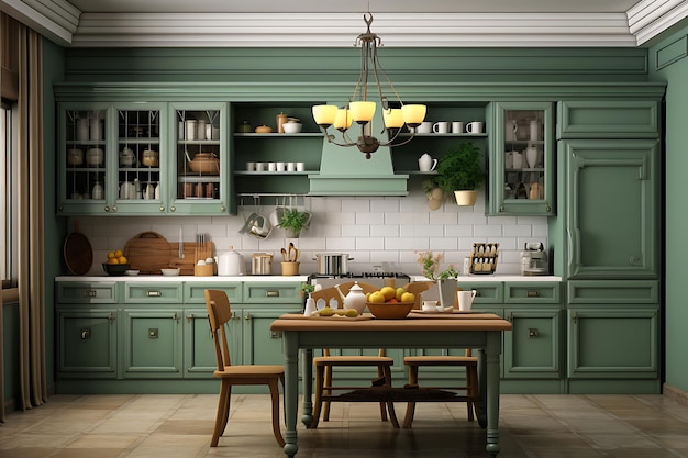 Rendering 3D del design degli interni della sala cucina tradizionale