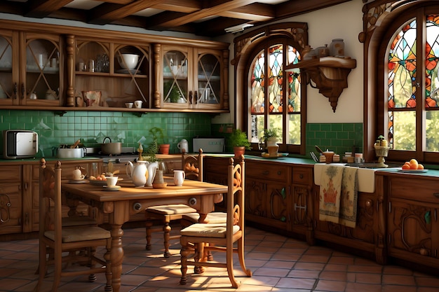 Rendering 3D del design degli interni della sala cucina tradizionale