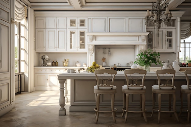 Rendering 3D del design degli interni della sala cucina tradizionale
