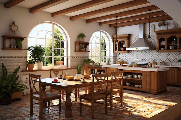 Rendering 3D del design degli interni della sala cucina tradizionale