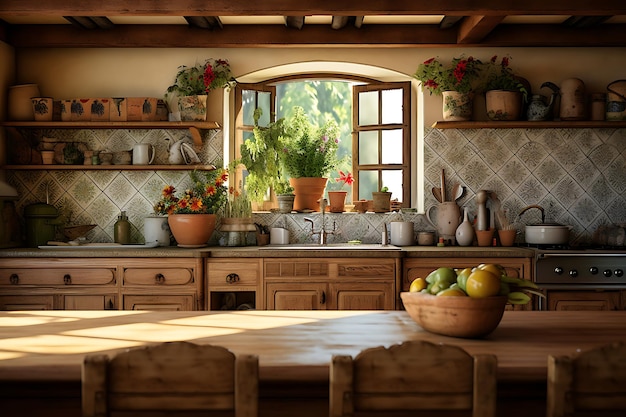 Rendering 3D del design degli interni della sala cucina tradizionale