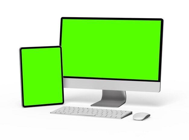 Rendering 3D del desktop di un smartphone o tablet con schermi verdi su uno sfondo chiaro