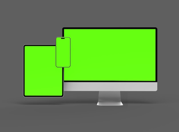 Rendering 3D del desktop di un smartphone o tablet con schermi verdi su uno sfondo scuro