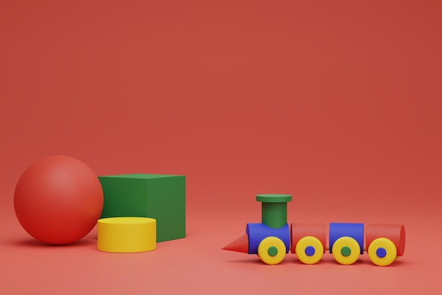 Rendering 3d del giocattolo colorato del treno per bambini su uno sfondo rosso