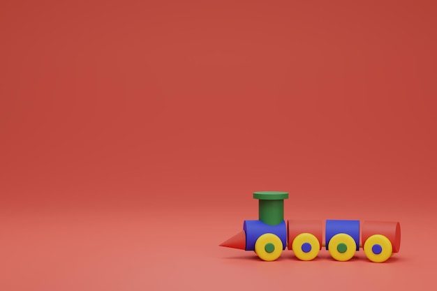 Rendering 3d del giocattolo colorato del treno per bambini su uno sfondo rosso