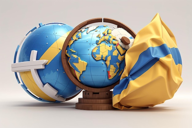Rendering 3D del globo segno della pace e bandiera dell'Ucraina su sfondo bianco concetto di nessuna guerra smettere di combattere 3D rendering illustrazione stile cartone animato