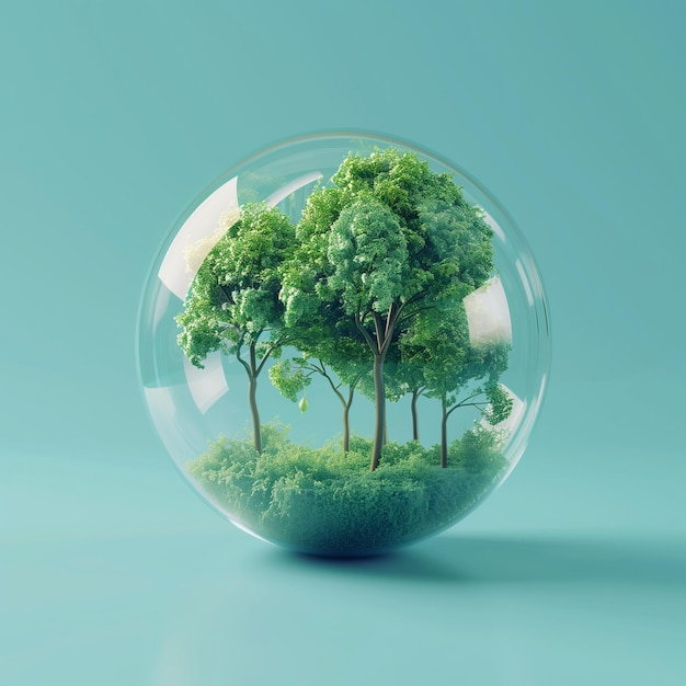 Rendering 3D del globo terrestre con alberi verdi all'interno di una sfera di vetro concetto di giornata mondiale della salute