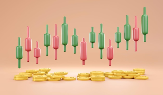 Rendering 3D del grafico commerciale minimo rosso e verde con monete sullo sfondo concetto di trend di analisi dei dati del mercato azionario nel mercato azionario. Illustrazione di rendering 3D.
