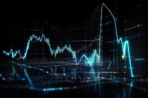 Rendering 3D del grafico finanziario del mercato azionario sullo schermo digitale Concetto di affari e finanza Grafici finanziari linee e diagrammi luminosi sullo schermo digitale AI generato