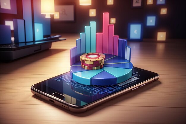 Rendering 3D del grafico sullo schermo dello smartphone con un grafico a torta sul concetto di sfondo del trading online