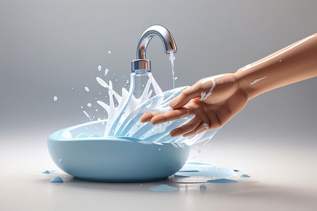 Rendering 3D del lavaggio delle mani con acqua e sapone isolato su sfondo bianco concetto di igiene e salute 3D render illustrazione in stile cartone animato minimo