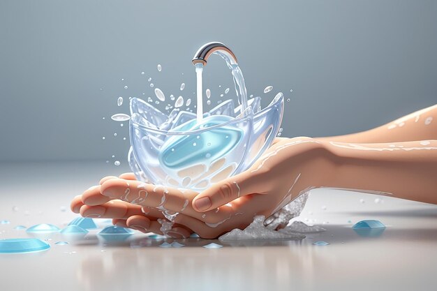 Rendering 3D del lavaggio delle mani con acqua e sapone isolato su sfondo bianco concetto di igiene e salute 3D render illustrazione in stile cartone animato minimo