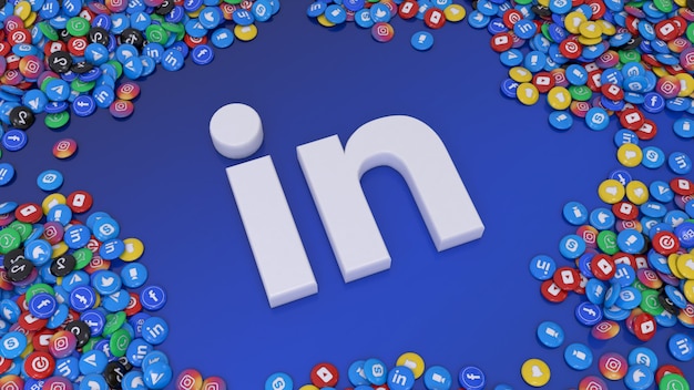 Rendering 3D del logo dei social media circondato da un sacco di pillole lucide di social network più popolari su sfondo blu