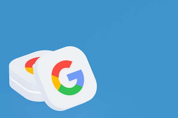 Rendering 3d del logo dell'applicazione Google su sfondo blu