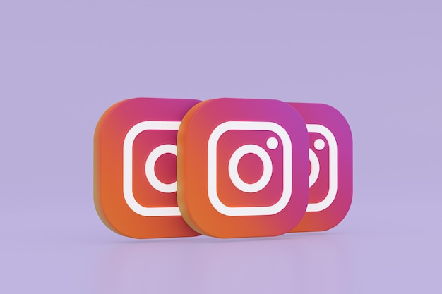 Rendering 3d del logo dell'applicazione Instagram su sfondo viola