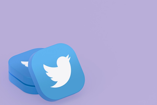 Rendering 3d del logo dell'applicazione Twitter su sfondo viola