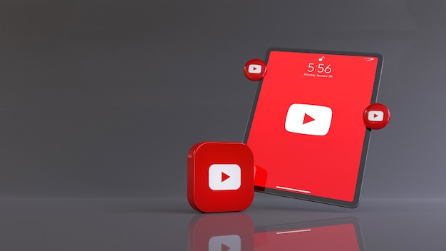 Rendering 3D del logo di Youtube davanti a un tablet che mostra il logo dell'app.