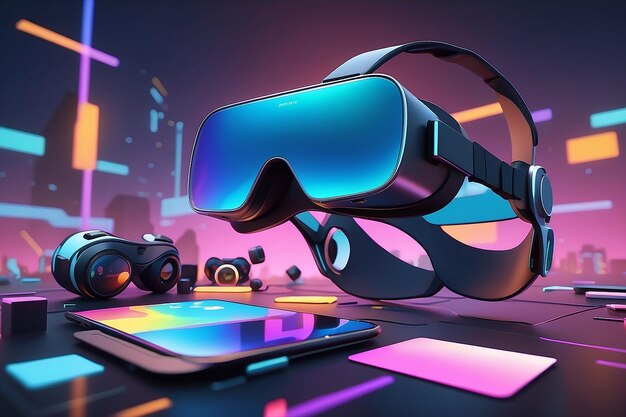 Rendering 3D del metaverse VR occhiali sullo sfondo concetto tecnologia futura giochi realtà virtuale 3D rendering illustrazione stile cartone animato