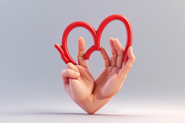 Rendering 3d del mini segno della mano dell'amore del cuore isolato su sfondo bianco illustrazione di rendering 3d in stile cartone animato