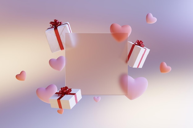 Rendering 3d del morfismo del vetro della confezione regalo e a forma di cuore