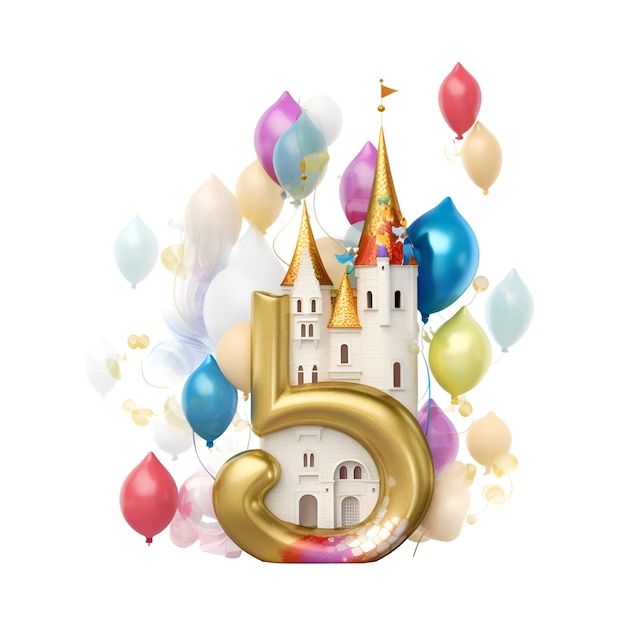 Rendering 3D del numero d'oro 6 con castello e palloncini isolati su sfondo bianco
