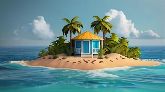 Rendering 3D del paesaggio dell'isola di Summer Beach, illustrazione vettoriale del logo