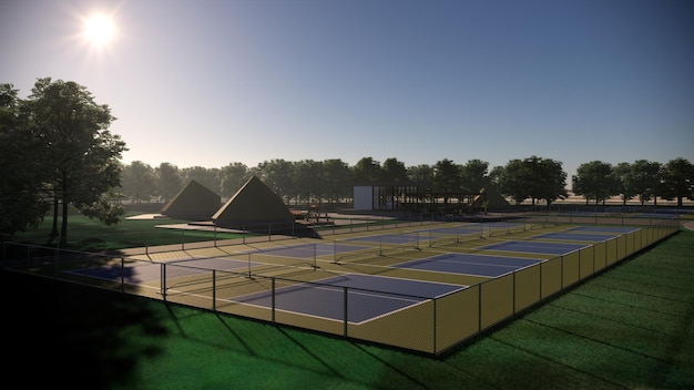 Rendering 3D del paesaggio sportivo di pickleball all'aperto