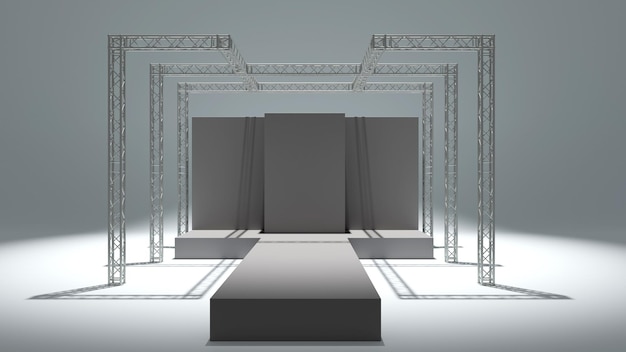 Rendering 3D del palco del podio della passerella di moda con costruzione del sistema a traliccio Attività di presentazione