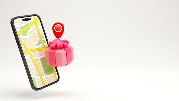 Rendering 3d del perno di posizione su una confezione regalo e uno smartphone con mappa Simbolo del business online