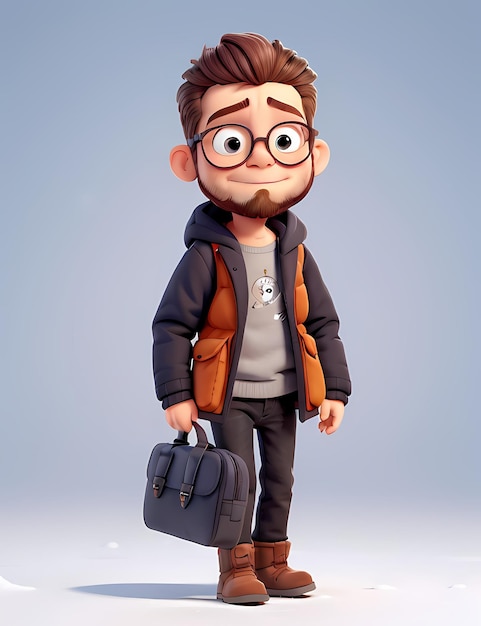 Rendering 3D del personaggio animato di cartoni animati 3D in Adventure And Travel che indossa un abito speciale