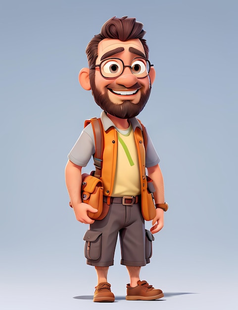 Rendering 3D del personaggio animato di cartoni animati 3D in Adventure And Travel che indossa un abito speciale