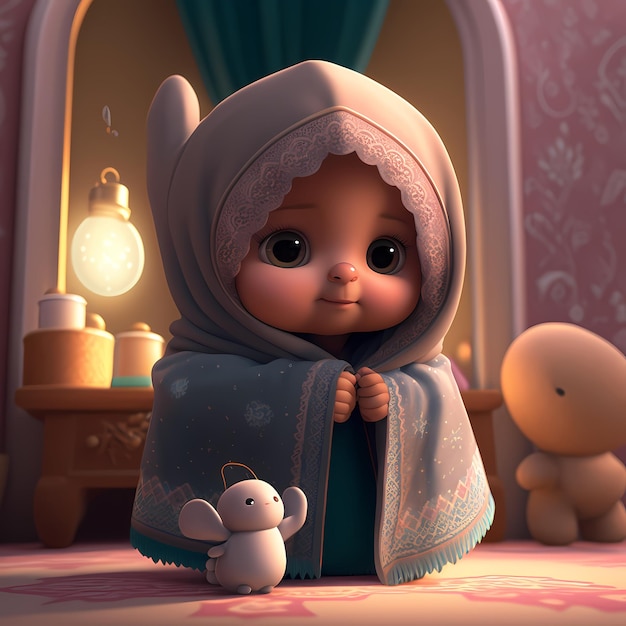 Rendering 3D del personaggio dei cartoni animati dei bambini musulmani adorabili e carini