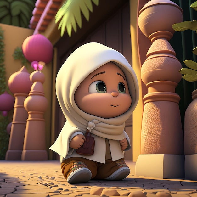 Rendering 3D del personaggio dei cartoni animati dei bambini musulmani adorabili e carini