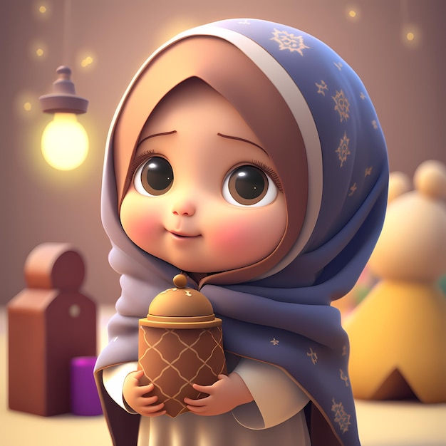 Rendering 3D del personaggio dei cartoni animati dei bambini musulmani adorabili e carini