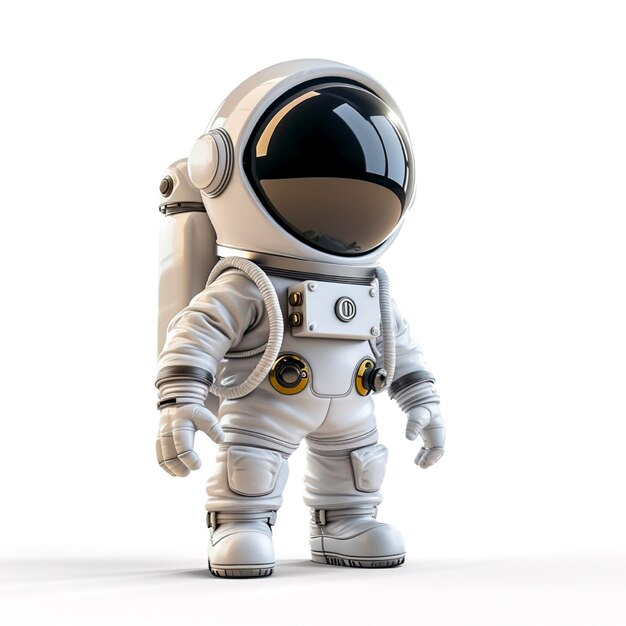 Rendering 3D del personaggio spaziale su sfondo bianco in stile Pixar