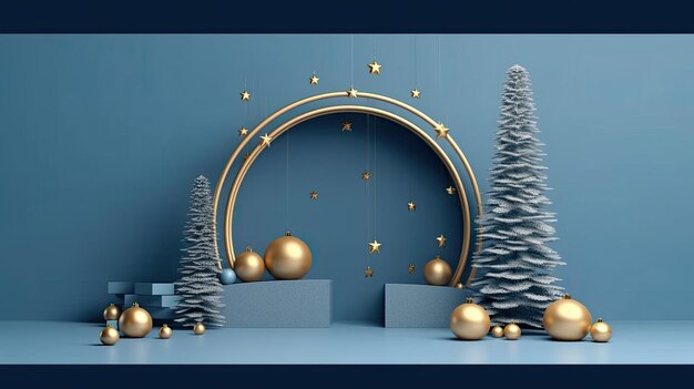 Rendering 3D del podio blu adornato con decorazioni per l'albero di Natale con arco in oro Generato dall'IA