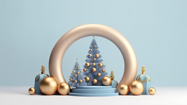 Rendering 3D del podio blu adornato con decorazioni per l'albero di Natale con arco in oro Generato dall'IA
