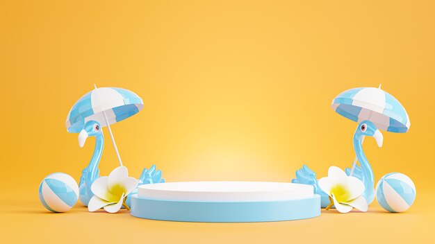 Rendering 3D del podio blu con spiaggia estiva, spiaggia ombrellone, plumeria, concetto di pallone da spiaggia per l'esposizione del prodotto