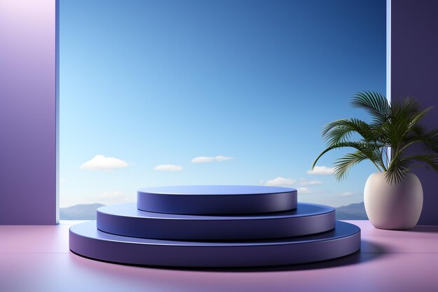 Rendering 3D del podio circolare blu con uno sfondo moderno, elegante e dinamico