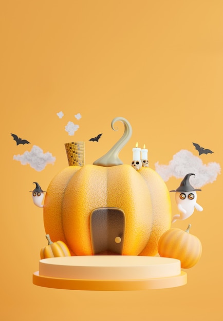 Rendering 3D del podio con il concetto di halloween, casa di zucca, pipistrello, nuvola, fantasma per la visualizzazione del prodotto