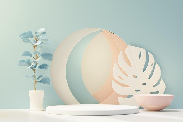 Rendering 3D del podio con piedistallo astratto con foglie tropicali e scena di piante pastello blu. Prodotto e concetto di promozione per la pubblicità. Sfondo naturale pastello blu.