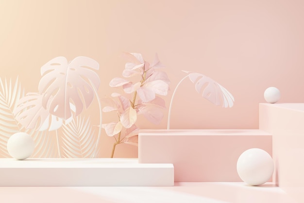 Rendering 3D del podio con piedistallo astratto con foglie tropicali e scena di piante pastello rosa corallo. Prodotto e concetto di promozione per la pubblicità. Sfondo naturale pastello blu.