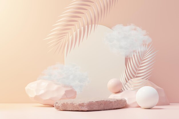 Rendering 3D del podio con piedistallo astratto con foglie tropicali e scena di piante pastello rosa corallo. Prodotto e concetto di promozione per la pubblicità. Sfondo naturale pastello blu.