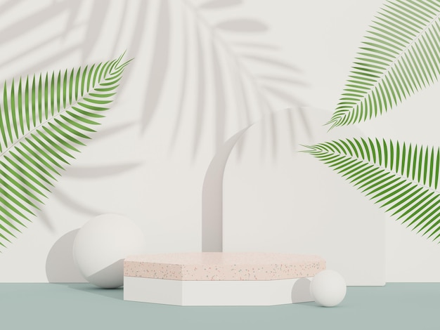 Rendering 3D del podio con piedistallo astratto con terrazzo e ombra di foglie. Scena per la promozione del prodotto attuale e cosmetici di bellezza.