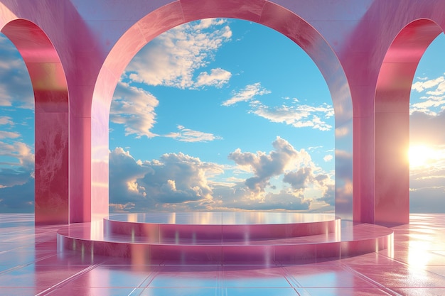 Rendering 3D del podio di esposizione del prodotto con arco rosa e cielo blu nuvoloso