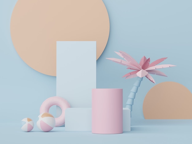 Rendering 3D del podio di visualizzazione minima con il concetto di sfondo della stagione estiva